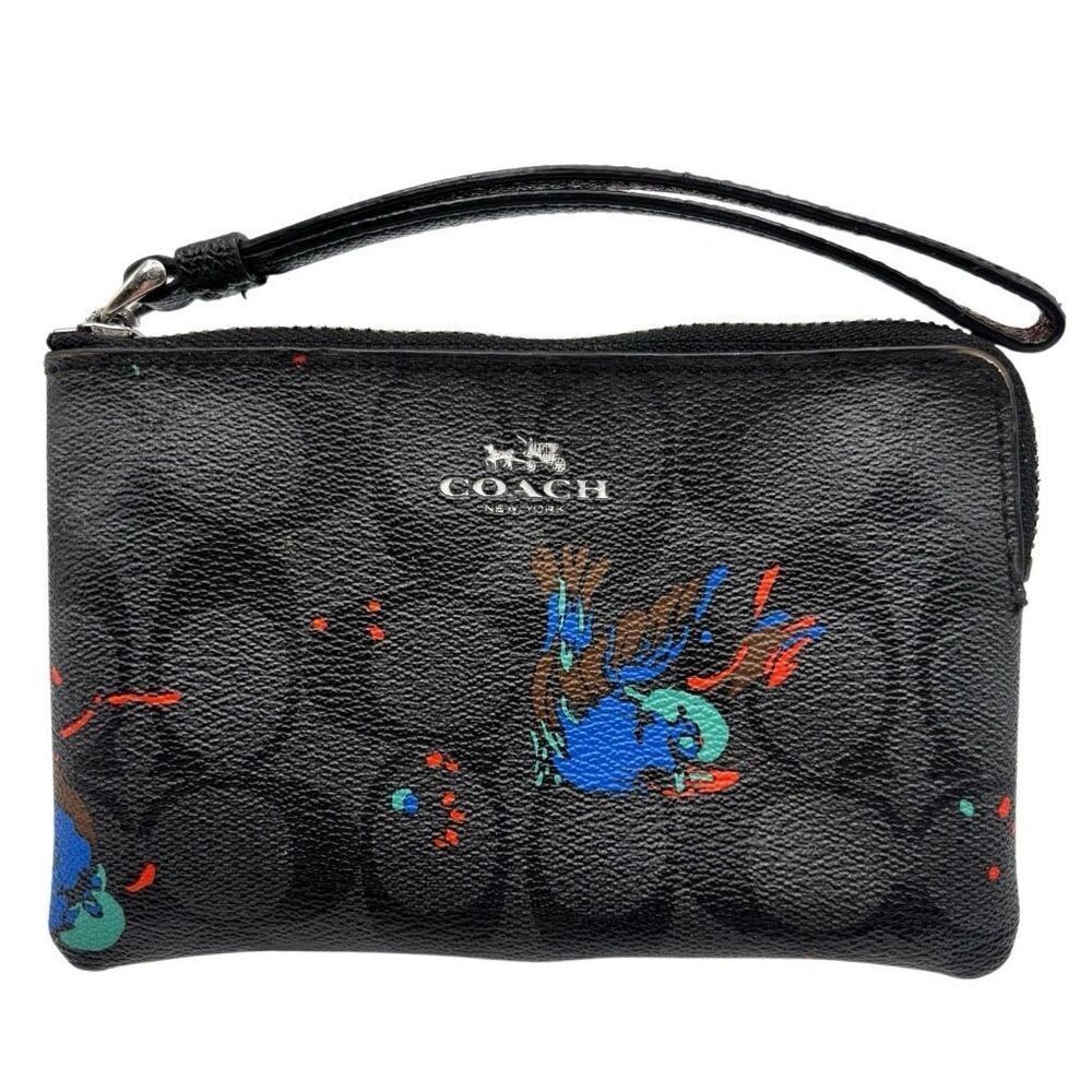 COACH STYLE # F23608 CORNER ZIP WRISTLET WITH BIRD PRINT SILVER/BLACK SMOKE‎
